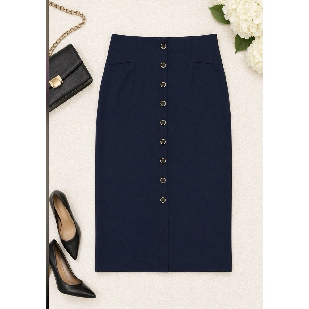 NYCC Navy Pencil Skirt Medium Gold Button Stretch Office Career Chic Classic